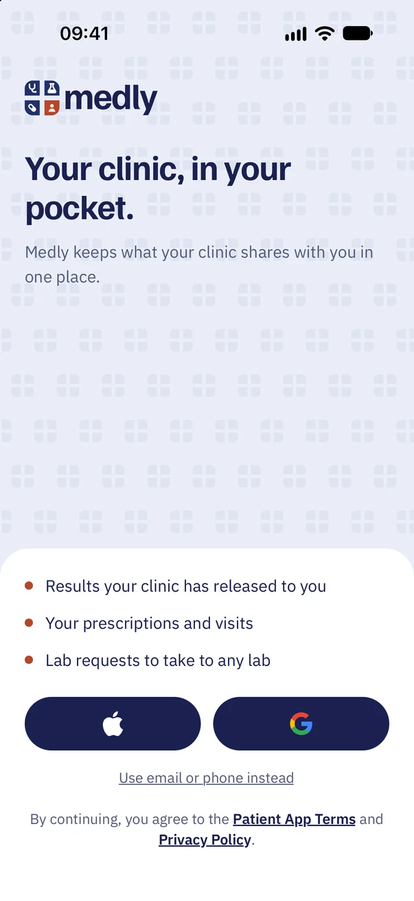 The Medly app’s welcome screen: Your clinic, in your pocket. Results, prescriptions, visits and lab requests in one place, with Apple and Google sign-in.
